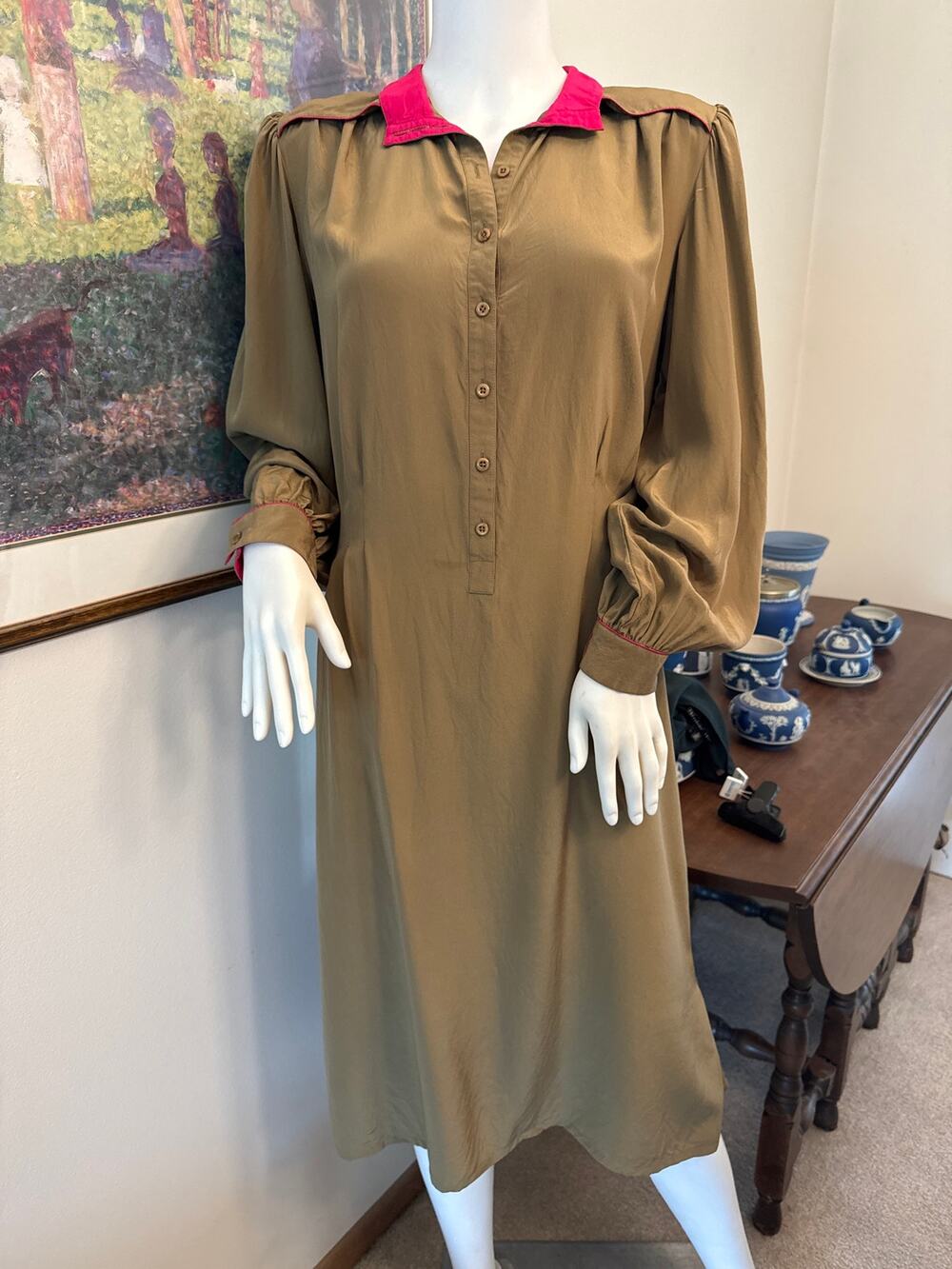 Vintage 1980s Secretary Shirt Dress Silk Francesca of Damon Green Pink Size 14